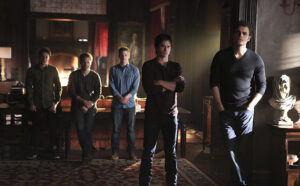 The Vampire Diaries -- "I'm Thinking of You All The While" -- Image Number: VD622b_0189.jpg -- Pictured (L-R): Michael Trevino as Tyler, Matt Davis as Alaric, Zach Roerig as Matt, Ian Somerhalder as Damon and Paul Wesley as Stefan -- Photo: Annette Brown/The CW -- ÃÂ© 2015 The CW Network, LLC. All rights reserved.