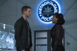 MINORITY REPORT: L-R: Stark Sands as Dash and Megan Good as Det. Laura Vega in the all-new “Fredi” episode of MINORITY REPORT airing Monday, Oct. 12 (9:00-10:00 PM ET/PT) on FOX. CR: FOX. © 2015 FOX Broadcasting.