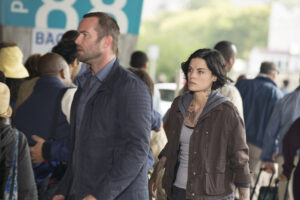 BLINDSPOT -- "Bone May Rot" Episode 104 -- Pictured: (l-r) Sullivan Stapleton as Kurt Weller, Jaimie Alexander as Jane Doe -- (Photo by: Christopher Saunders/NBC)