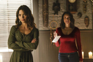 The Vampire Diaries -- "Postcards from the Edge" -- Image Number: TVD712b_0141.jpg -- Pictured (L-R): Scarlett Byrne as Nora and Kat Graham as Bonnie -- Photo: Tina Rowden/The CW -- ÃÂ© 2016 The CW Network, LLC. All rights reserved