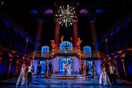 The cast of Folger Theatre’s production of Shakespeare’s comedy A Midsummer Night’s Dream inside the Great Hall of the National Building Museum, July 12 – August 28, 2022. Photo by Brittany Diliberto.
