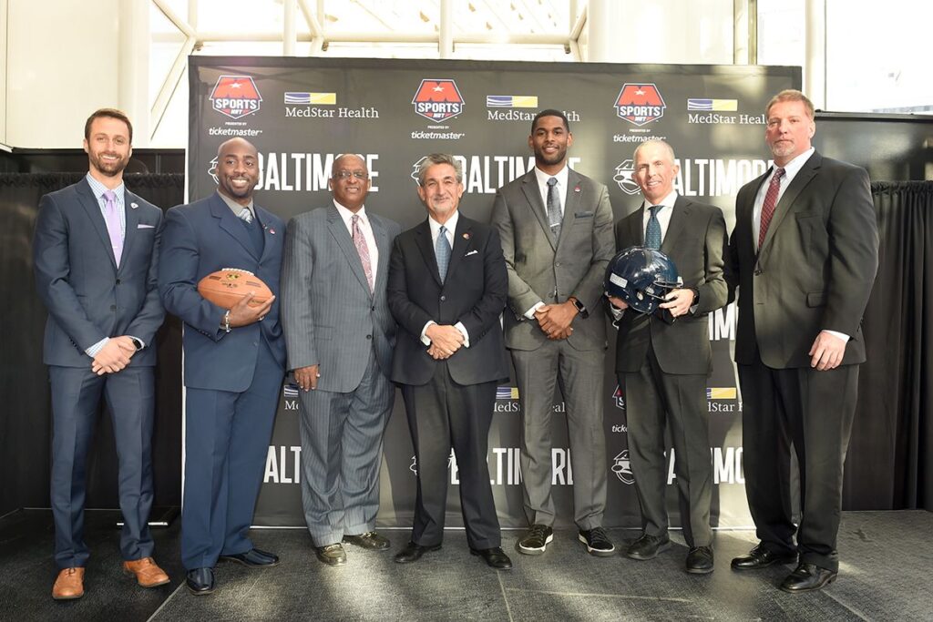 Jeff Bowler (Monumental Sports & Entertainment Vice President of Business Operations), Omarr Smith (Baltimore AFL Head Coach), Jack Young (Baltimore City Council President), Ted Leonsis (Monumental Sports & Entertainment Founder and Majority Owner), Marques Colston (AFL’s Philadelphia Soul Ownership Group), Sean Huffman (MedStar Health Sports Medicine), Frank Remesch (Royal Farms Arena General Manager).