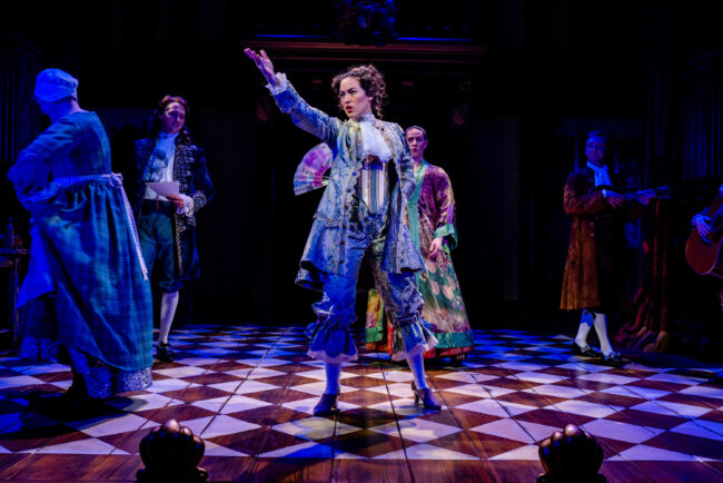 “They’ve put a woman on the stage!” Nell Gwynn (Alison Luff) becomes a stage sensation in England. (Also pictured l to r: Catherine Flye, Quinn Franzen, Christopher Dinolfo, Kevin Collins.) Photo by Brittany Diliberto.