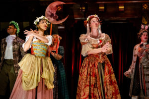 The King’s Company in performance in the Restoration-era comedy Nell Gwynn, on stage at Folger Theatre January 29 – March 10, 2019. Pictured l to r: Alex Michell, Caitlin Cisco, Catherine Flye, Christopher Dinolfo, Nigel Gore. Photo by Brittany Diliberto.