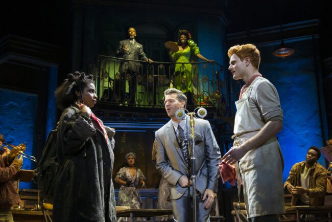 From top left (clockwise): Kevyn Morrow (Hades), Kimberly Marable (Persephone), Nicholas Barsch (Orpheus), Levi Kreis (Hermes), and Morgan Siobhan Green (Persephone) in the Hadestown North American Tour. Photo by T Charles Erickson.