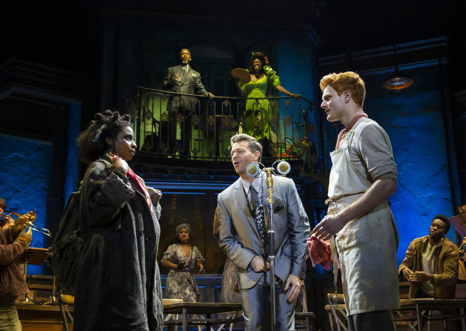 From top left (clockwise): Kevyn Morrow (Hades), Kimberly Marable (Persephone), Nicholas Barsch (Orpheus), Levi Kreis (Hermes), and Morgan Siobhan Green (Persephone) in the Hadestown North American Tour. Photo by T Charles Erickson.